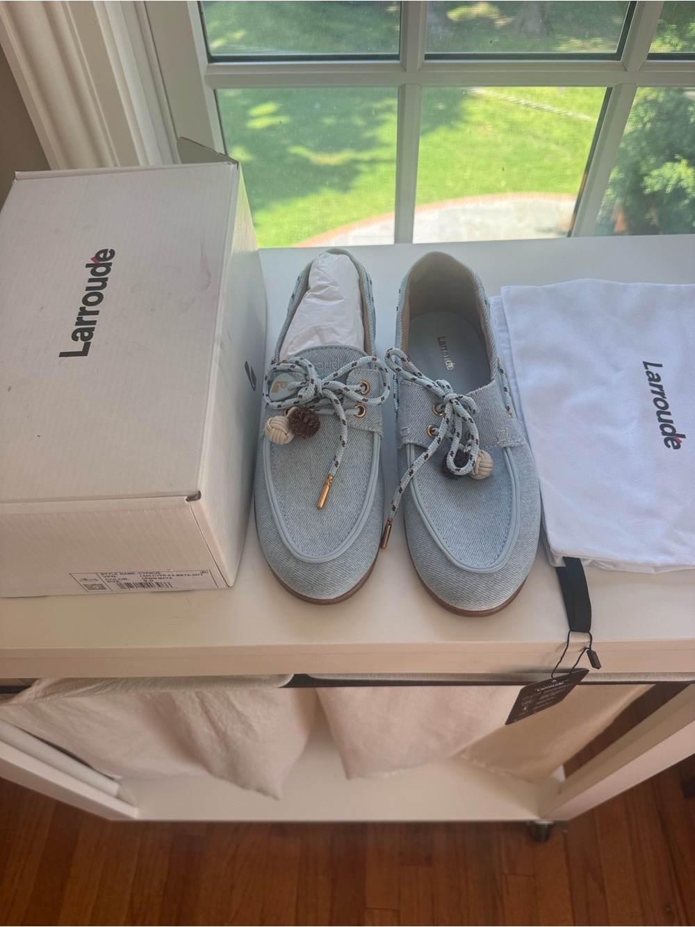 Larroude Light Blue Denim Tassel Loafers - Picture 4 of 6